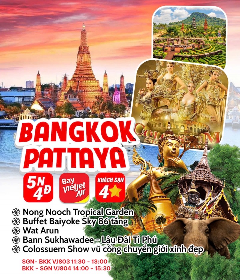 DU LỊCH THÁI LAN BANGKOK – PATTAYA 5N4Đ | LÂU ĐÀI TỶ PHÚ – ĐẢO SAN HÔ – DU THUYỀN SÔNG CHAO PHRAYA | Áp dụng Tháng 10 – 12/2025